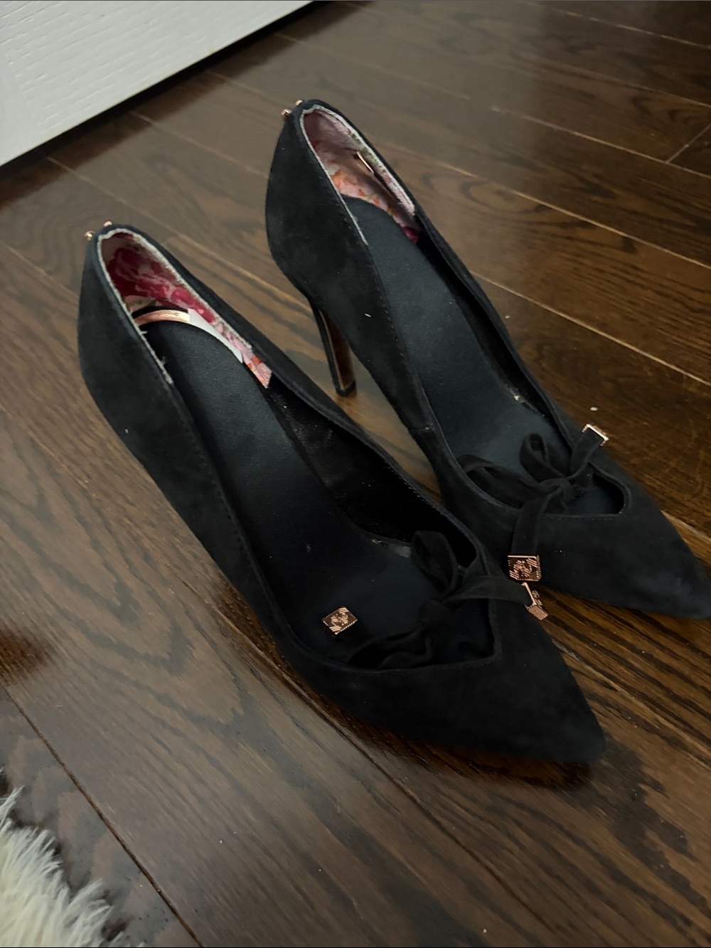 Ted Baker Black Pointed Suede Heels with Bow and Rose Gold Accents